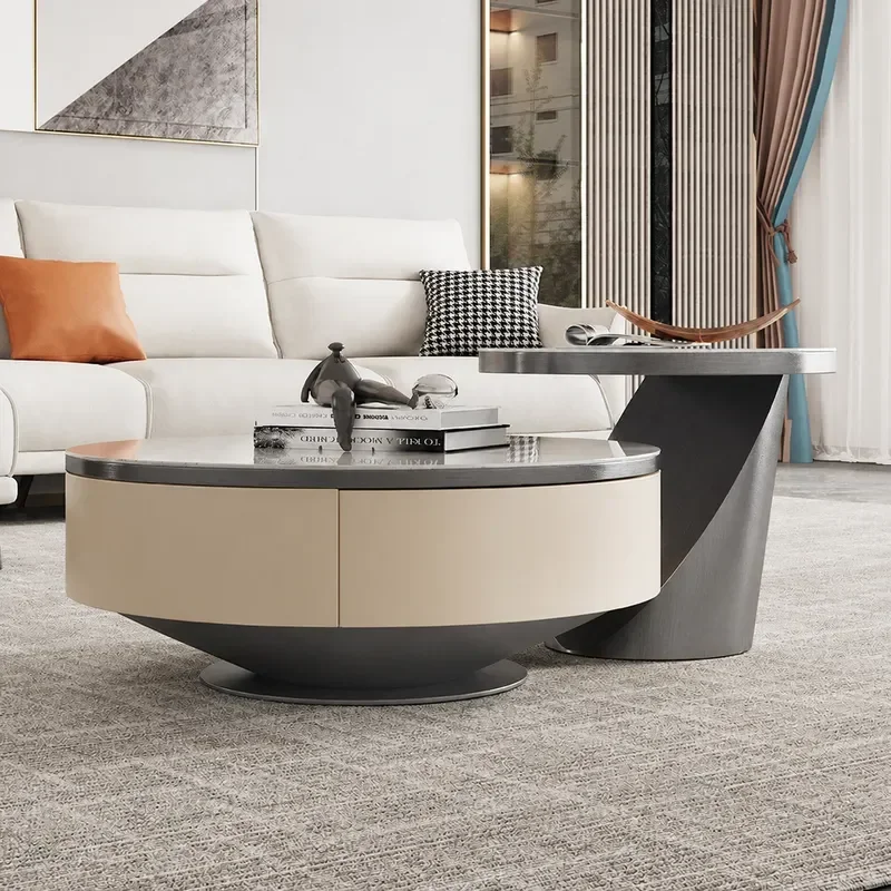 Italian Light Luxury Rock Slab Round Coffee Table Living Room Cream Style Simple Nordic Household Storage Center Table