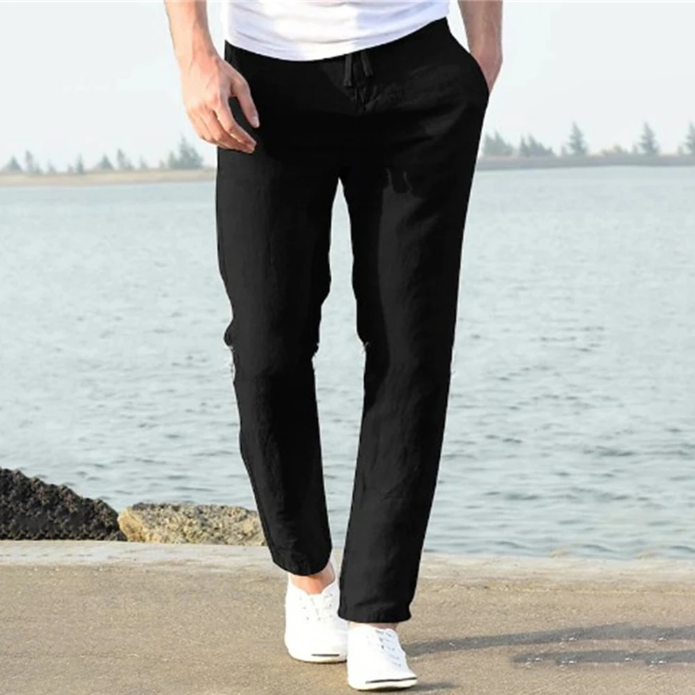 2024 Men\'s Summer Cotton Linen Retro Sports Pants Men\'s Casual Solid Color Harem Pants Fashion Versatile Straight Leg Trousers