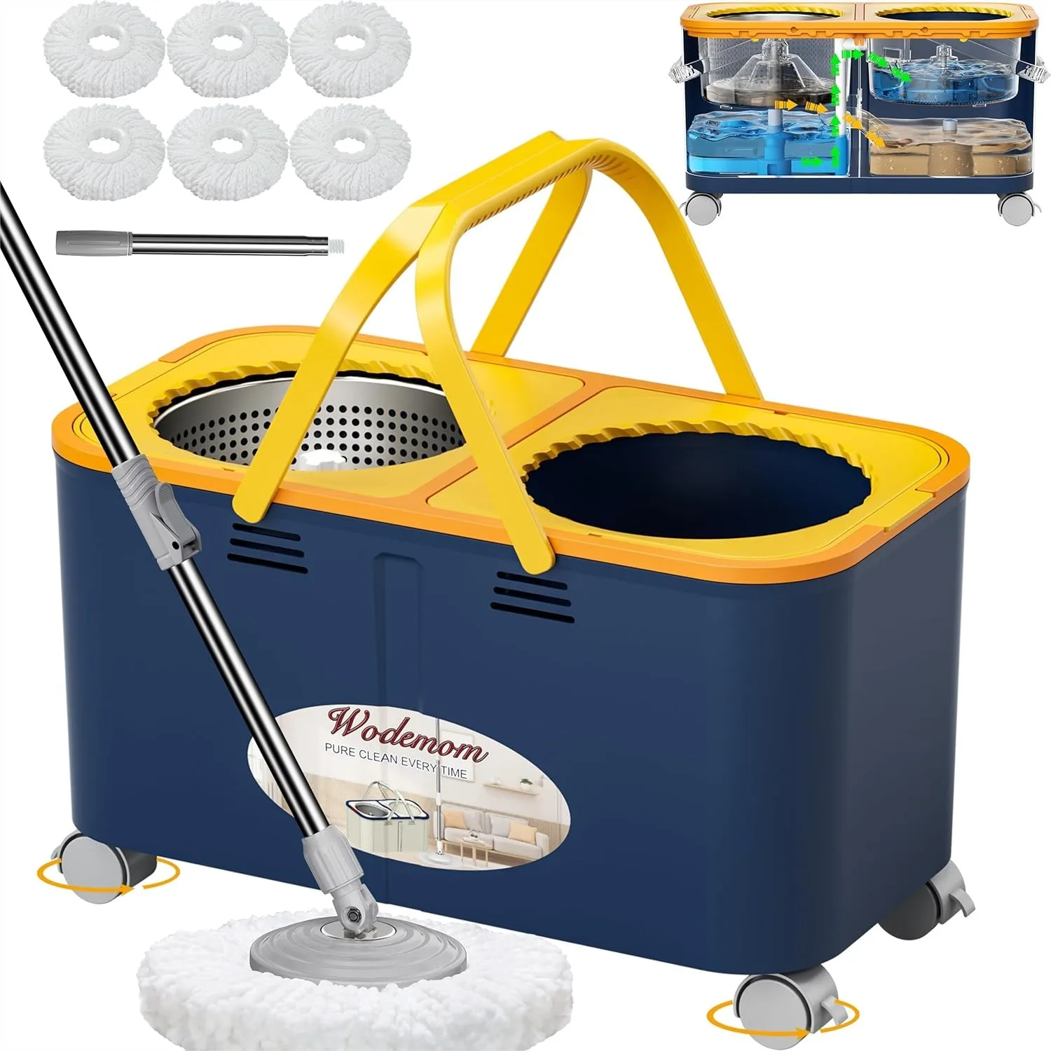 

Compact Spin Mop and Bucket with Clean & Dirty Water System, 360° Swivel Wheels, 61" Handle, 6 Reusable Mop Heads for Wood Tile