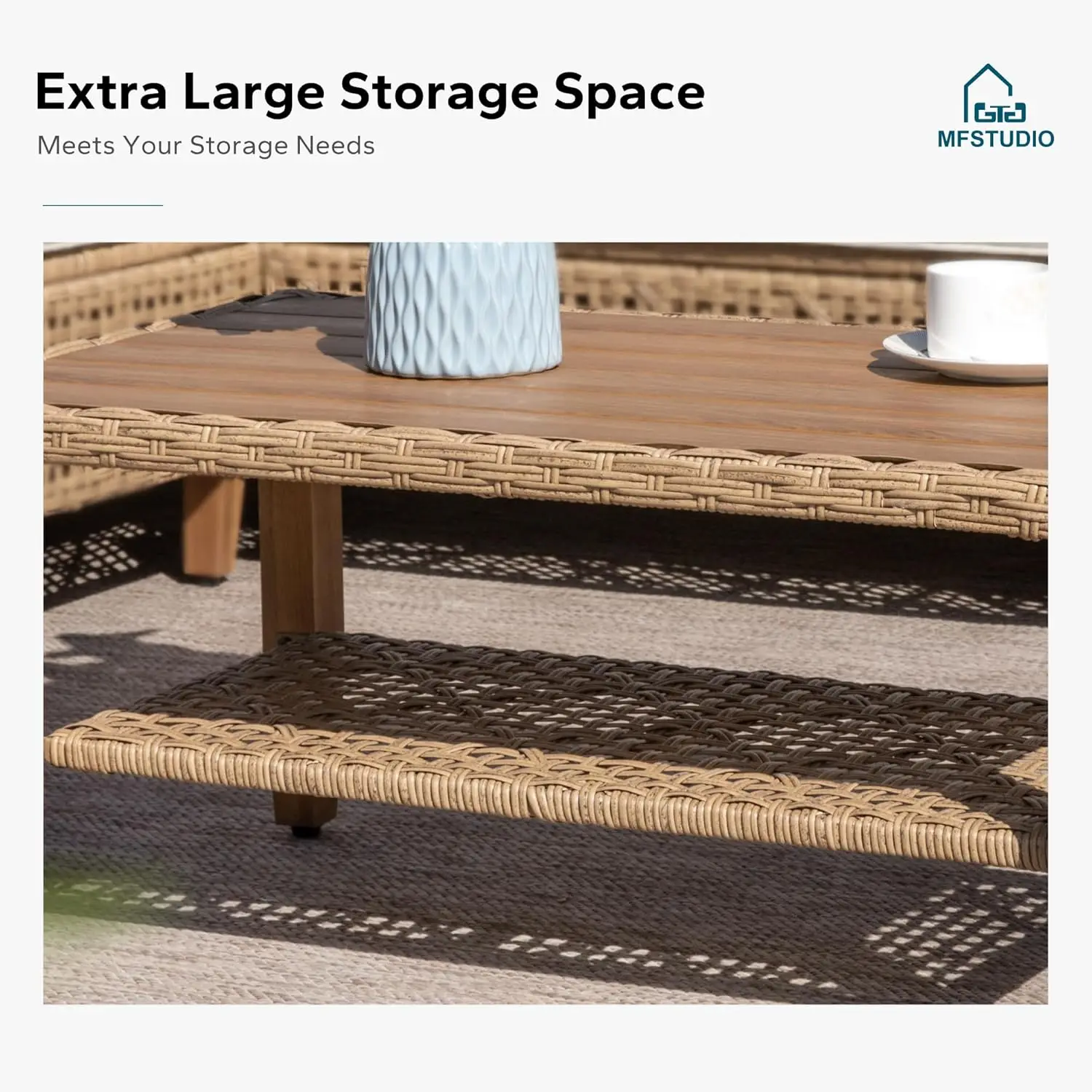 Set Sofa Seksional Rotan Patio 3 Buah, Set Furnitur Sofa Kecil Bentuk L untuk Luar Ruangan dengan Meja Kayu dan 2 Sofa Bangku, 3-Buah