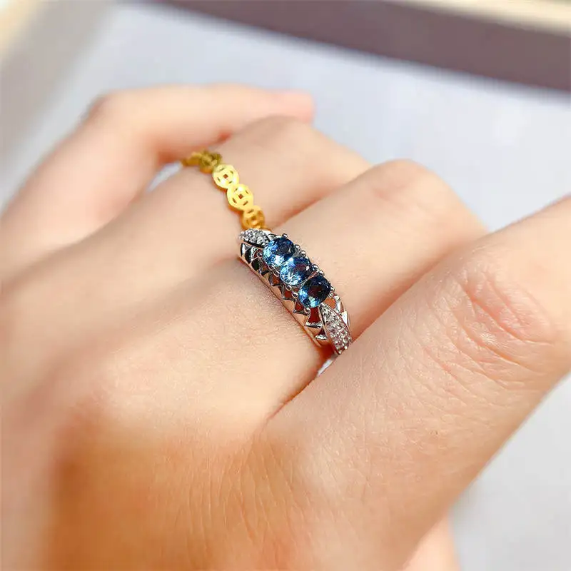 

London Natural Blue Topaz Silver Ring Stone Female Handmade Rings Jewelry for Women Gift Flower