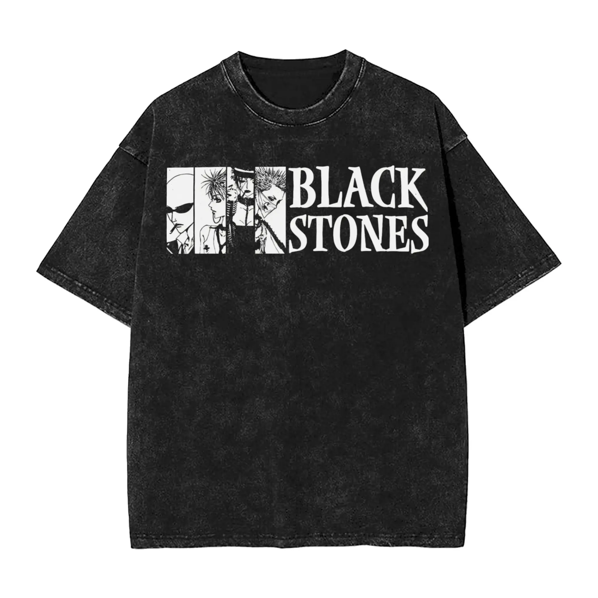 日本のマンガブラックストーンナナ Tシャツヒップホップウォッシュ半袖原宿 Tシャツヴィンテージ男性ストリート夏の Tシャツ