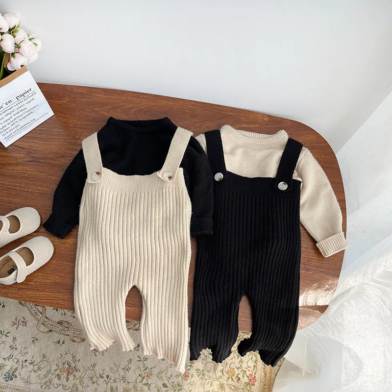 

2025 Autumn Knitted Baby's Sets Korean Solid Color Knitted Pants for Girls' Casual Pit Strap Pants Set Baby Fashionable Pants