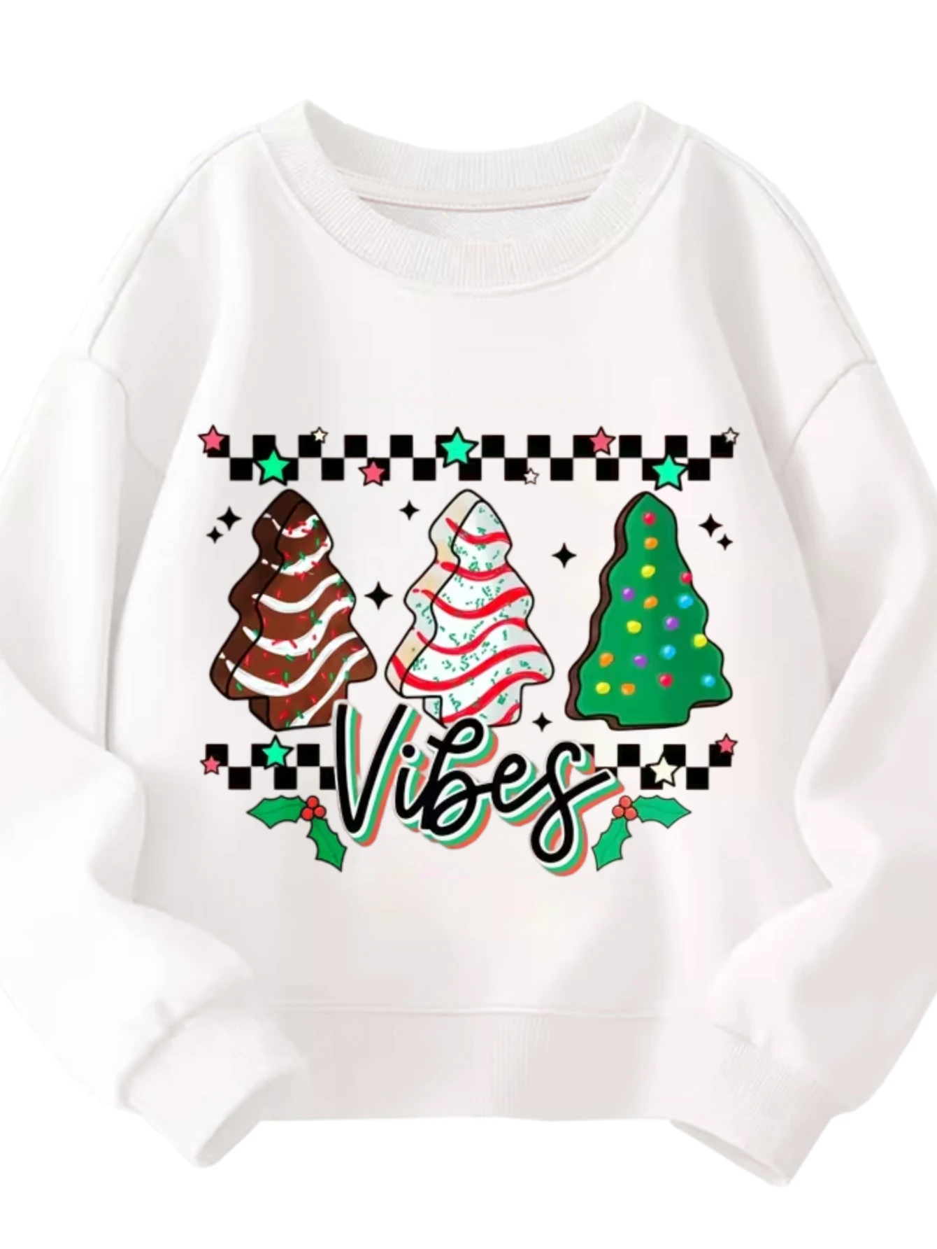 

Kids Crew Neck Sweatshirt Christmas Cookie Trees Checkerboard Vibes Unisex Graphic White Pullover For Holiday Season