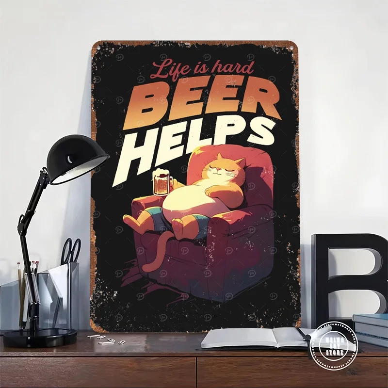 Cat Beer Always Help Metal Poster Tin Sign Wall Art Garage Decoration Living Room Customizable Metal Signs for Home Decoration