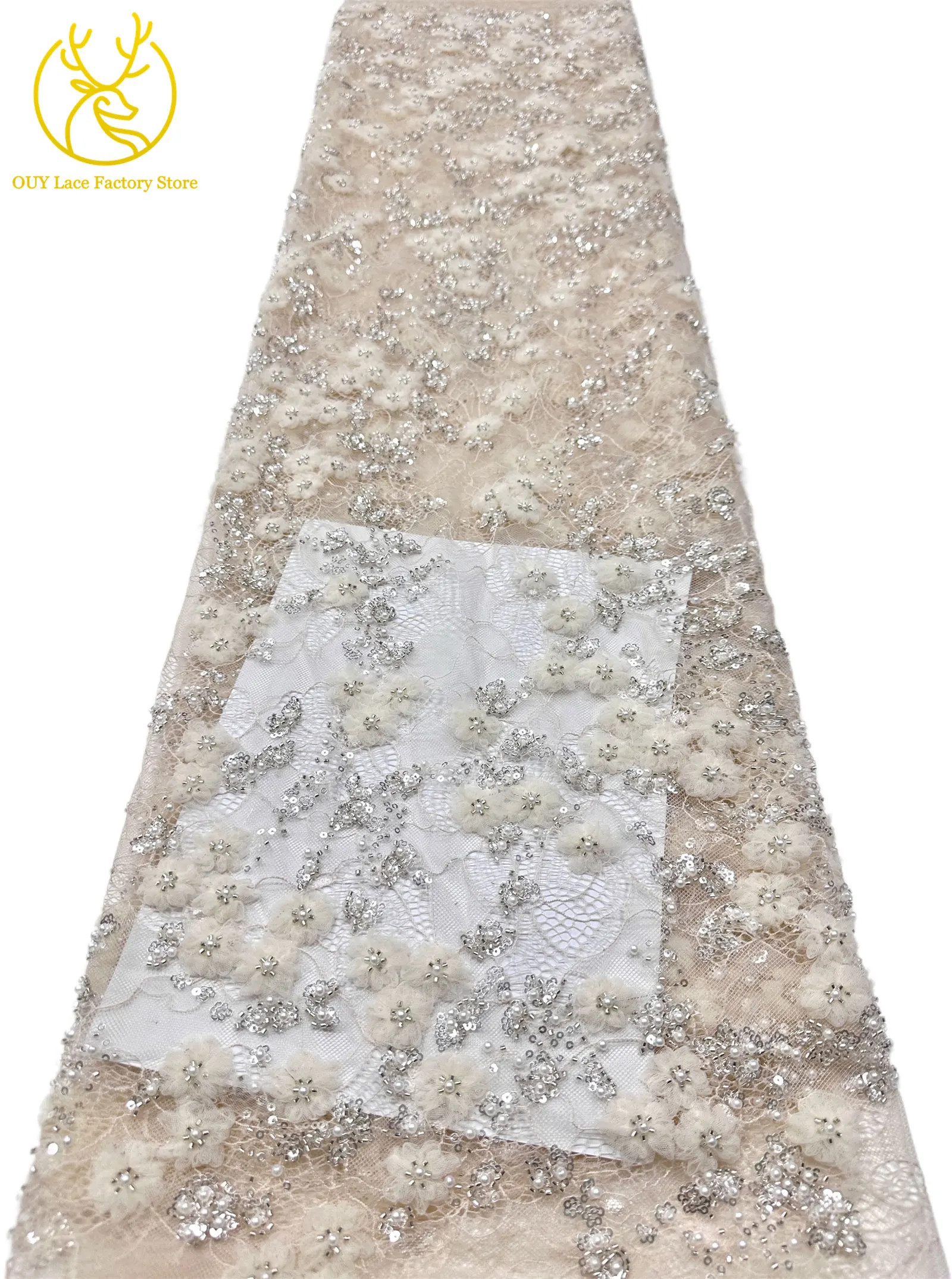 Französische Stickerei, kleiner Pflaumenblüten-Perlen-Spitzenstoff, exquisiter nigerianischer Perlen-Pailletten-Spitzenstoff für Hochzeitskleider zum Nähen – Detail 10