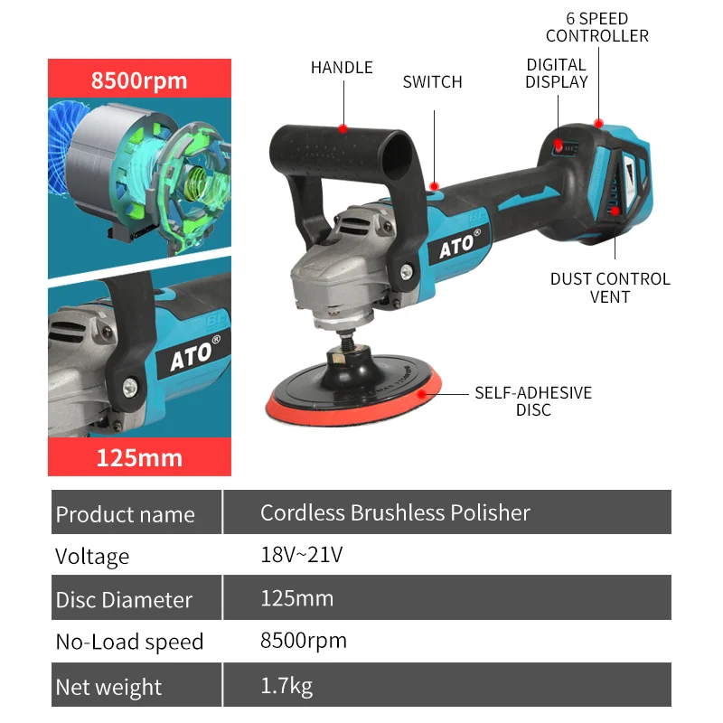 ATO Electric Car Polishing Machine 6 Adjustable Speeds Car Waxing Tool Brushless Cordless Polisher for Makita 18V Battery