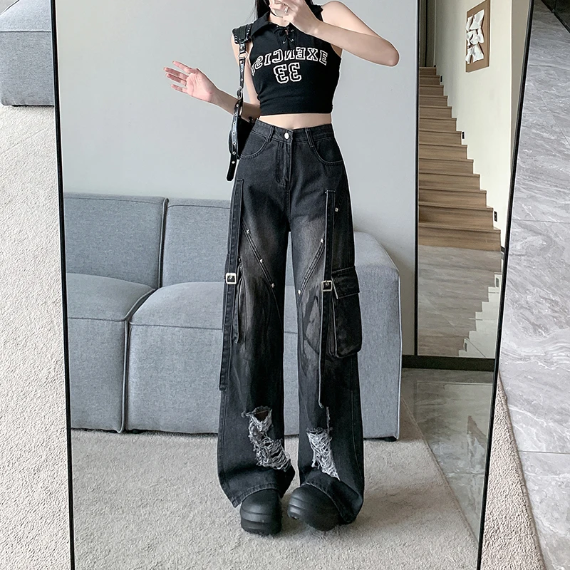 Fall Women Y2K Gothic Punk Style Baggy Ripped Fashion Jeans Vintage Japanese Harajuku Black emo Pants scene 2000s Trashy Clothes