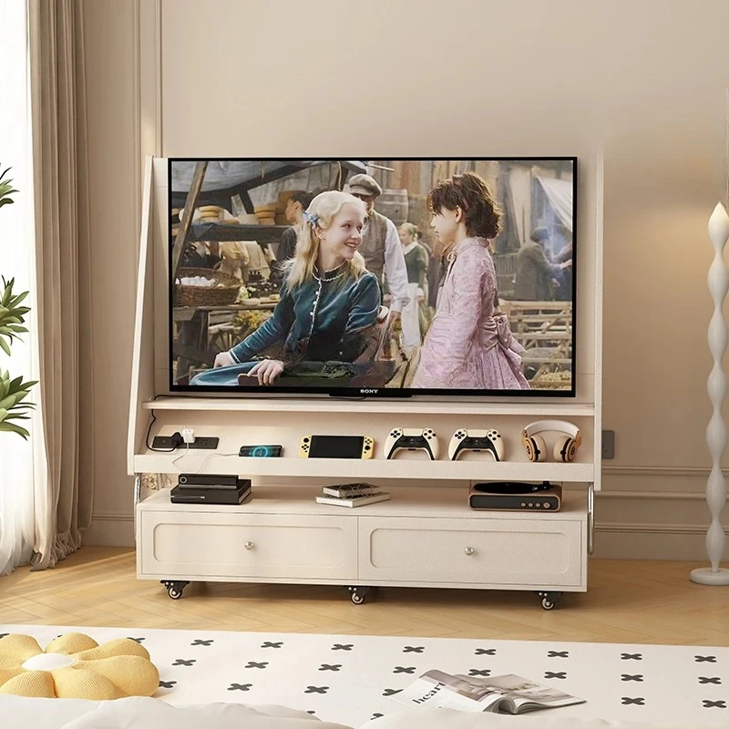 

Cream wind movable solid wood bracket floor-to-ceiling TV cabinet
