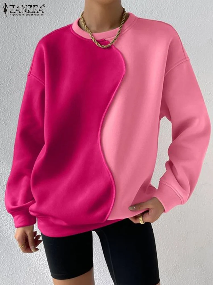 ZANZEA Frauen Street Fashion Sweatshirts Farbe Block Unregelmäßige Patchwork Langarm Hoodies Herbst Lose Beiläufige O Neck Pullover