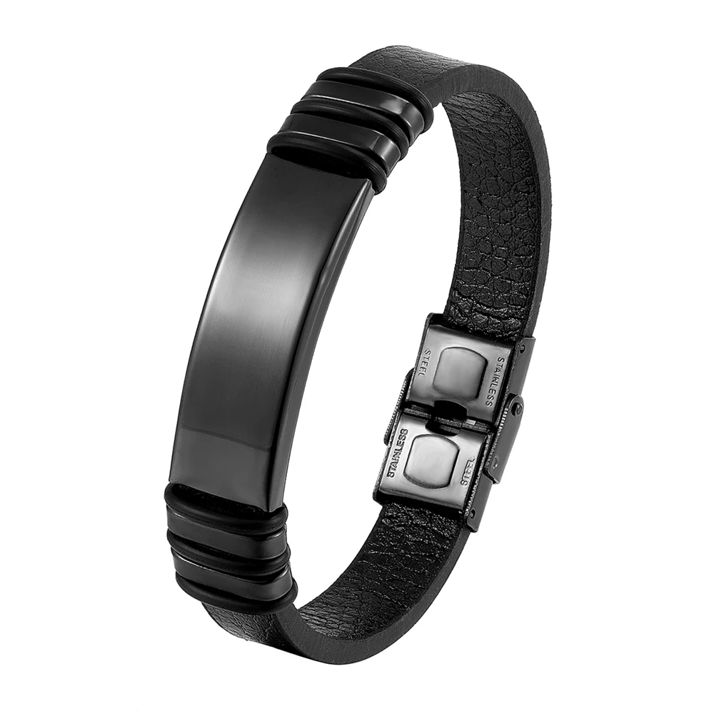 New Fashion Brand Bracelet Stainless Steel Men\'s Bracelet Black Charm Leather Bracelet Men\'s Wristband Simple Jewelry Wholesale