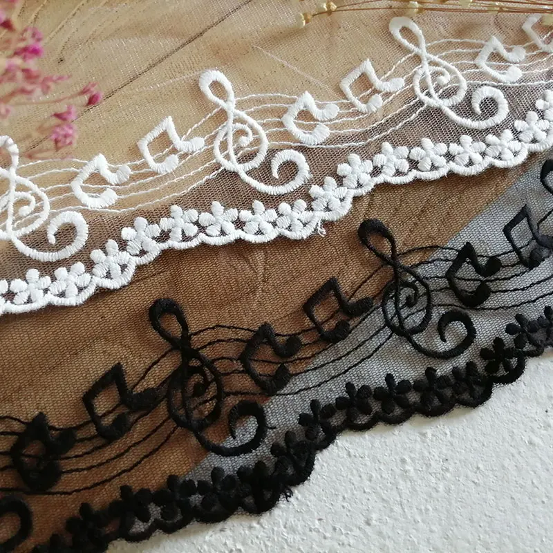 10CM Wide Gold White Black Musical Note Embroidered Tulle Mesh Lace for Fringe Party Dresses Fabric Sewing Accessories Supplies