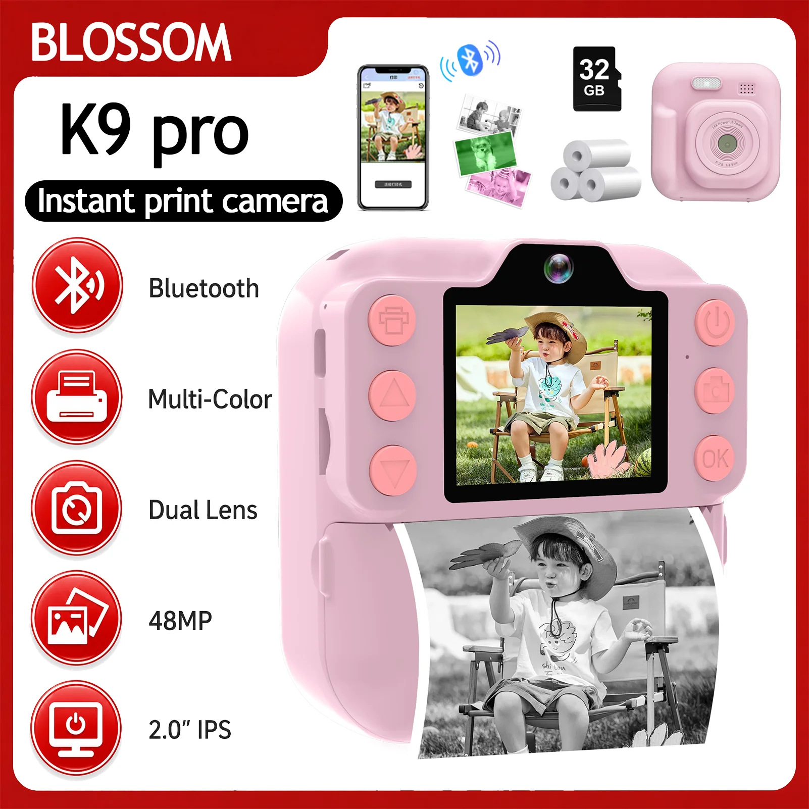 Image of 2,0" IPS Kinder-Digitalkamera Fotografie Sofortbild-Druck 1080P HD-Videorekorder Mini-Thermodrucker Lehrreiches Geburtstagsgeschenk