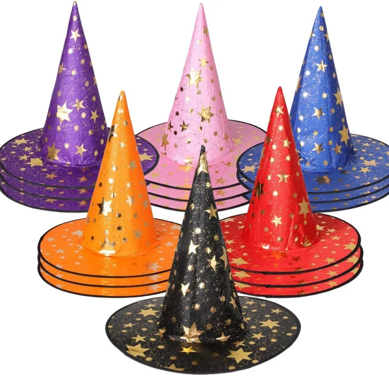 2pcs Halloween Hat Witch Hat Ghost Party Props Children Adult Black Five Star  Magician Pointed Hat