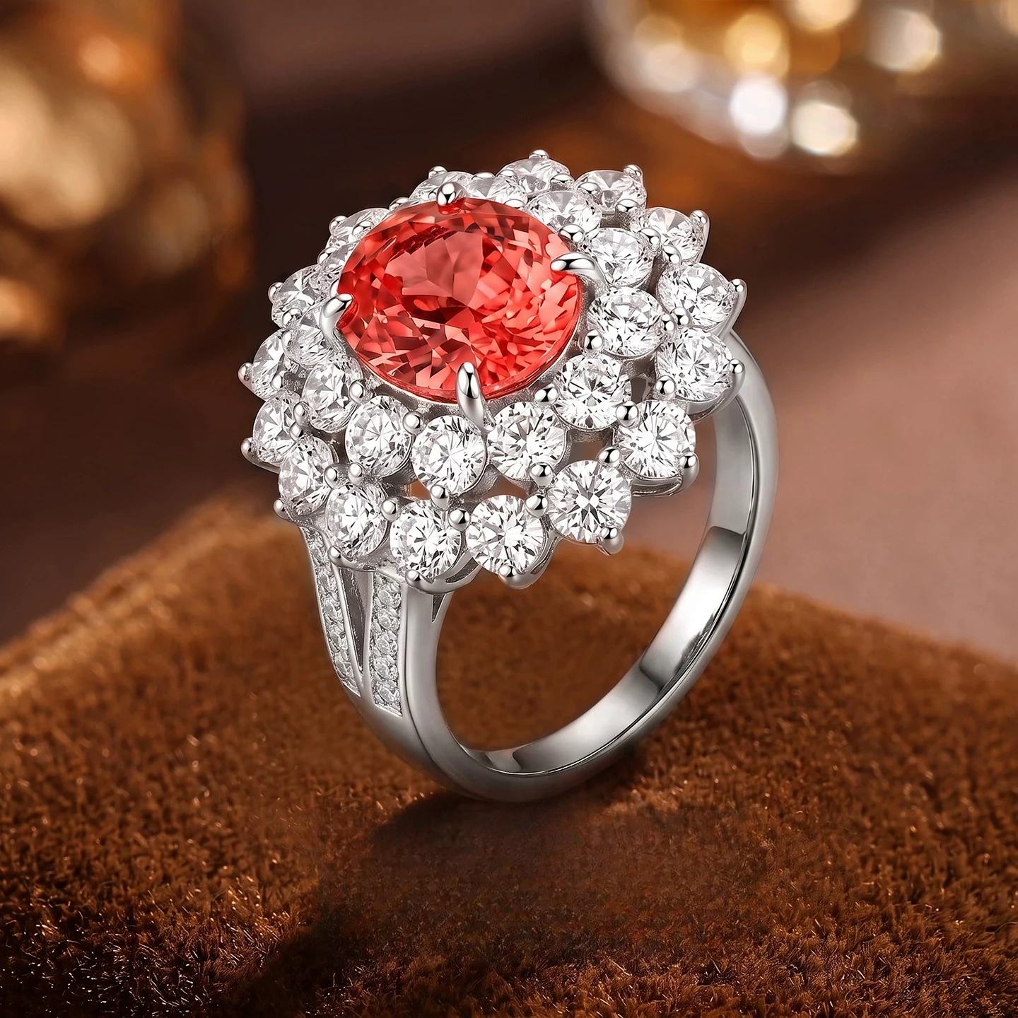 S925 Sterling Silver Ring 8*10mm Oval Orange Lab Created Gemstone Floral Halo Cocktail Ring Women Statement Jewelry