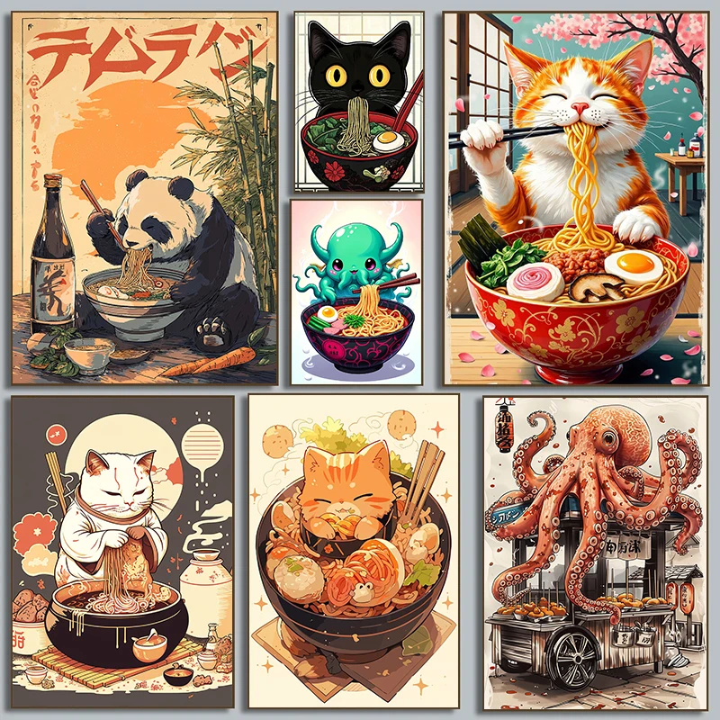 Japanese Delicious Takoyaki Ramen Shochu Abstract Cartoon Animal Poster Canvas Paintings Wall Art Pictures Home Decor