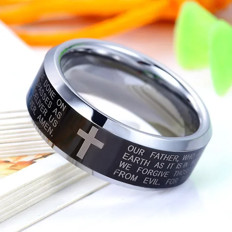 Classic Men Titanium Steel Bible Verse Cross Jesus Ring Letter Bible Verse Prayer Finger Rings For Men 8Mm Amulet Jewelry