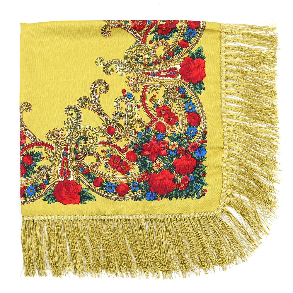 Russian Square Scarf Traditional Ukrainian Shawls Women Luxury Floral Print Fringed Bandana Spanish Ethnic Style Head Wraps