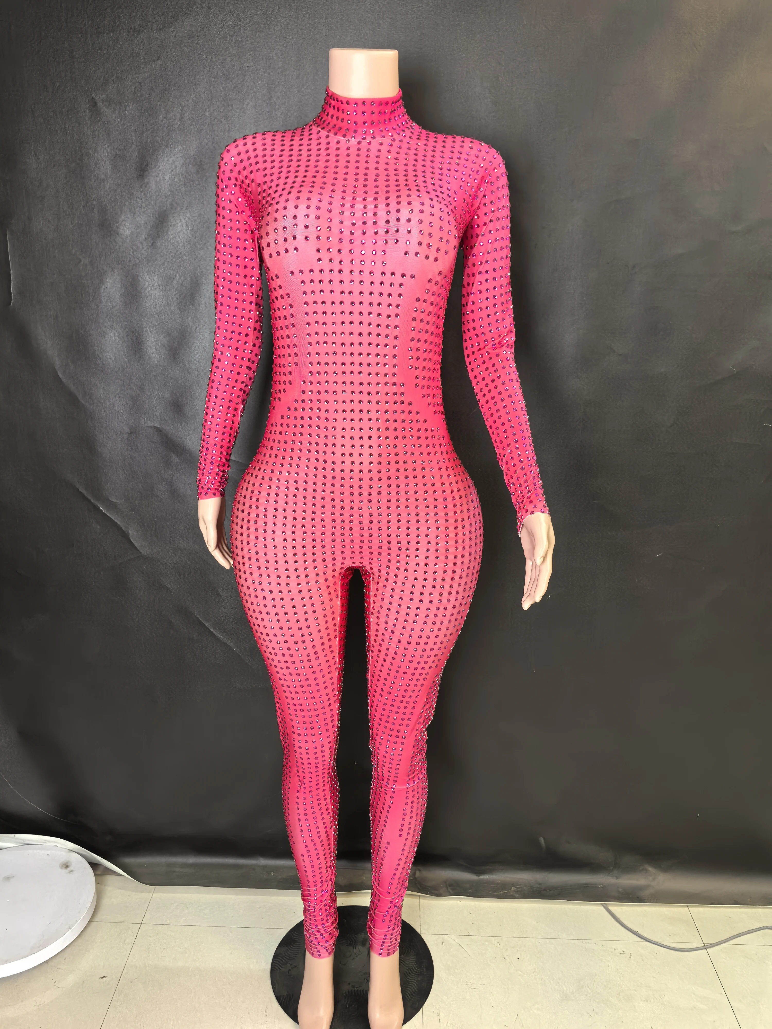 Women's Sparkly Long Sleeve Crystal Rompers Bodycon Bodysuits for Pole Dance Stage Performance Party One Piece Jumpsuits 7G