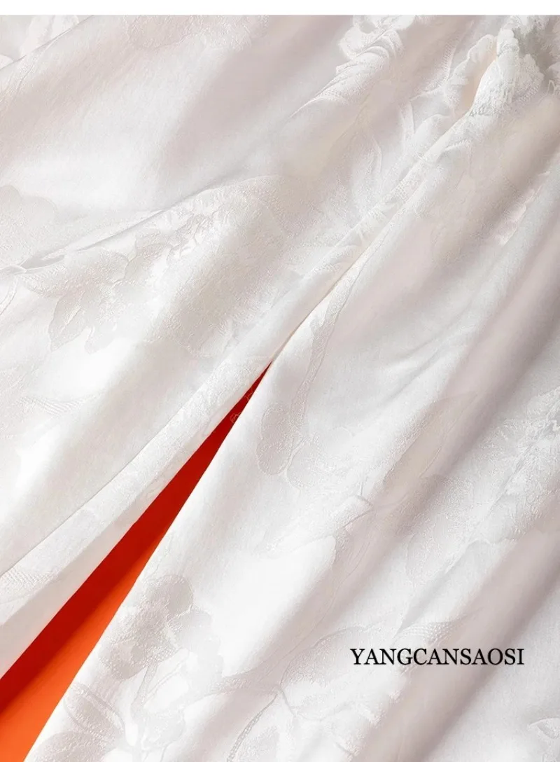 45MM Heavyweight 100% Natural Mulberry Silk Jacquard Satin White Versatile Pocket Design Elastic Waist Casual Wide Leg Pants