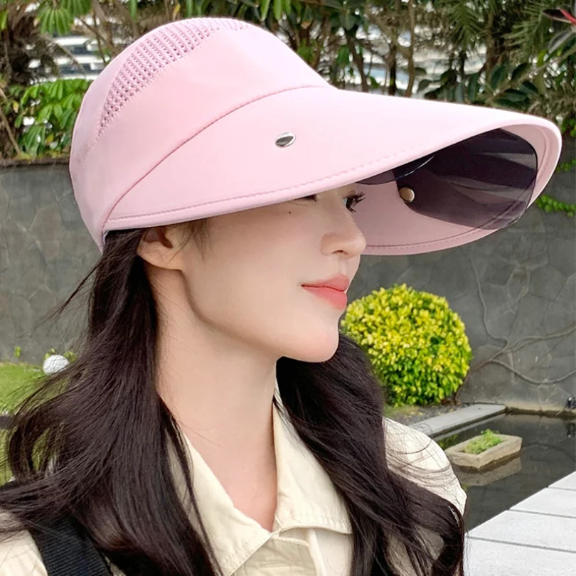 Summer Women Sun Hat with Glasses 13cm Large Brim Bucket Hat Breathable Outdoor Empty Top Cap Magic Tape Adjust Travel Beach Cap