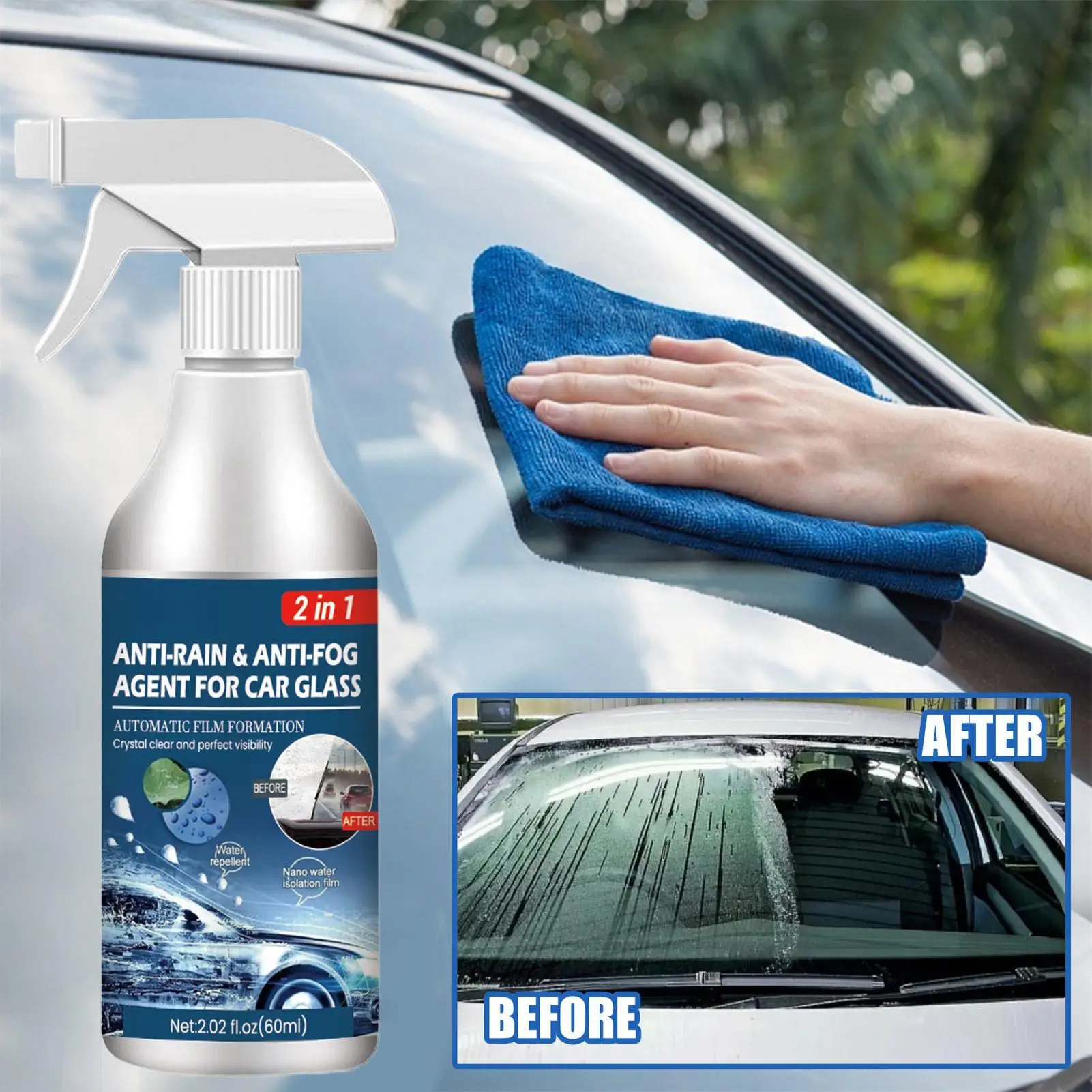 60ML Anti-Rain & Anti-Fog Coating Agent Auto Window Hydrophobic Agent Anti Fog Spray Defogger for Car Windshield Glass