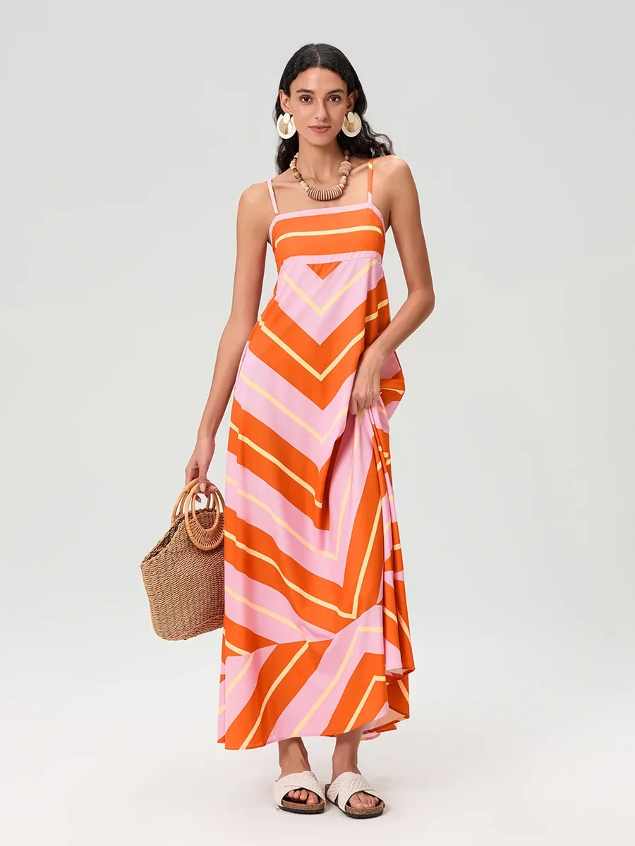Vestido camisola para mujer, estampado de rayas, tirantes finos, sin mangas, fluido, vestido acampanado, vestidos largos de verano para vacaciones en la playa