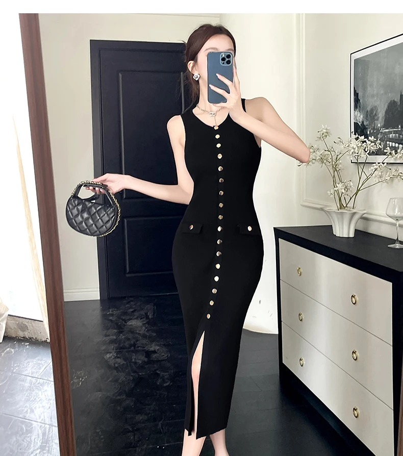 Robe longue en tricot pour femmes, Slim, sans manches, simple boutonnage, fendue, élégante, Sexy, mode dames, été, 2025