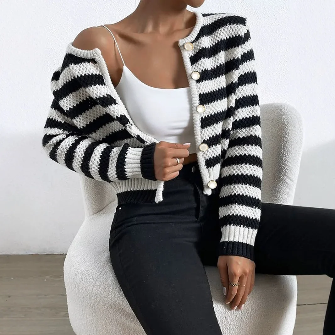 

Striped Button Cropped Jumper Women Fall New Fashion Chic Streetwear Long Sleeve Crop Sweaters Coat Vintage Harajuku Sweater Y2K