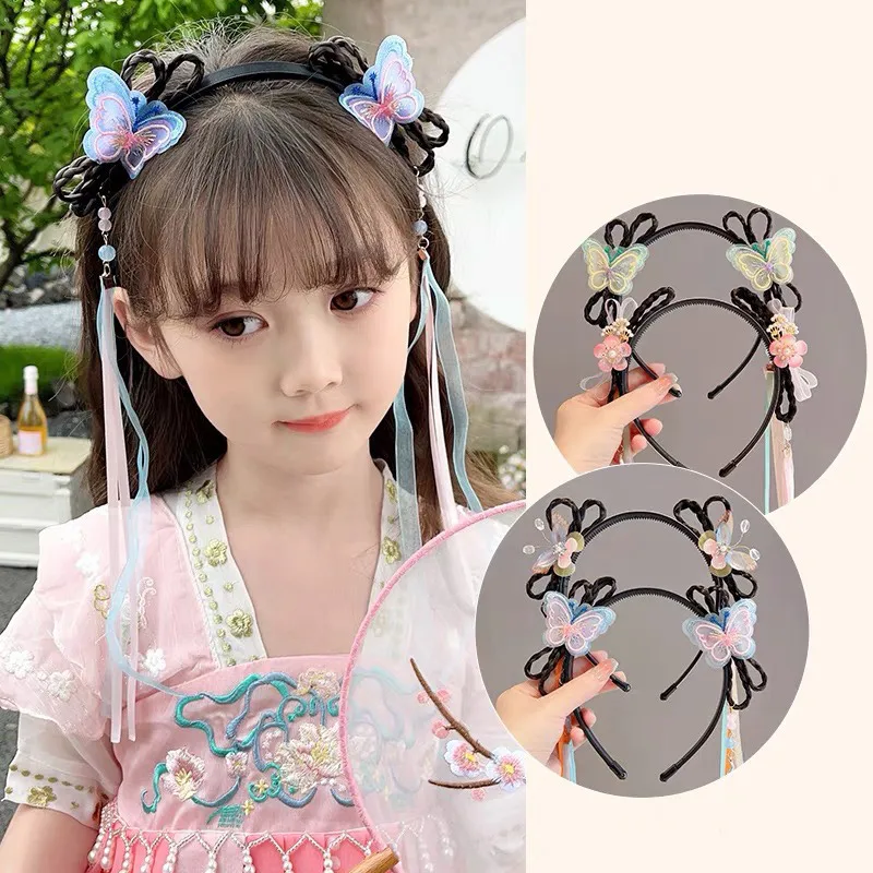 Kids Hanfu Headwear Cute Flower Butterfly Long Tassel Wigs H