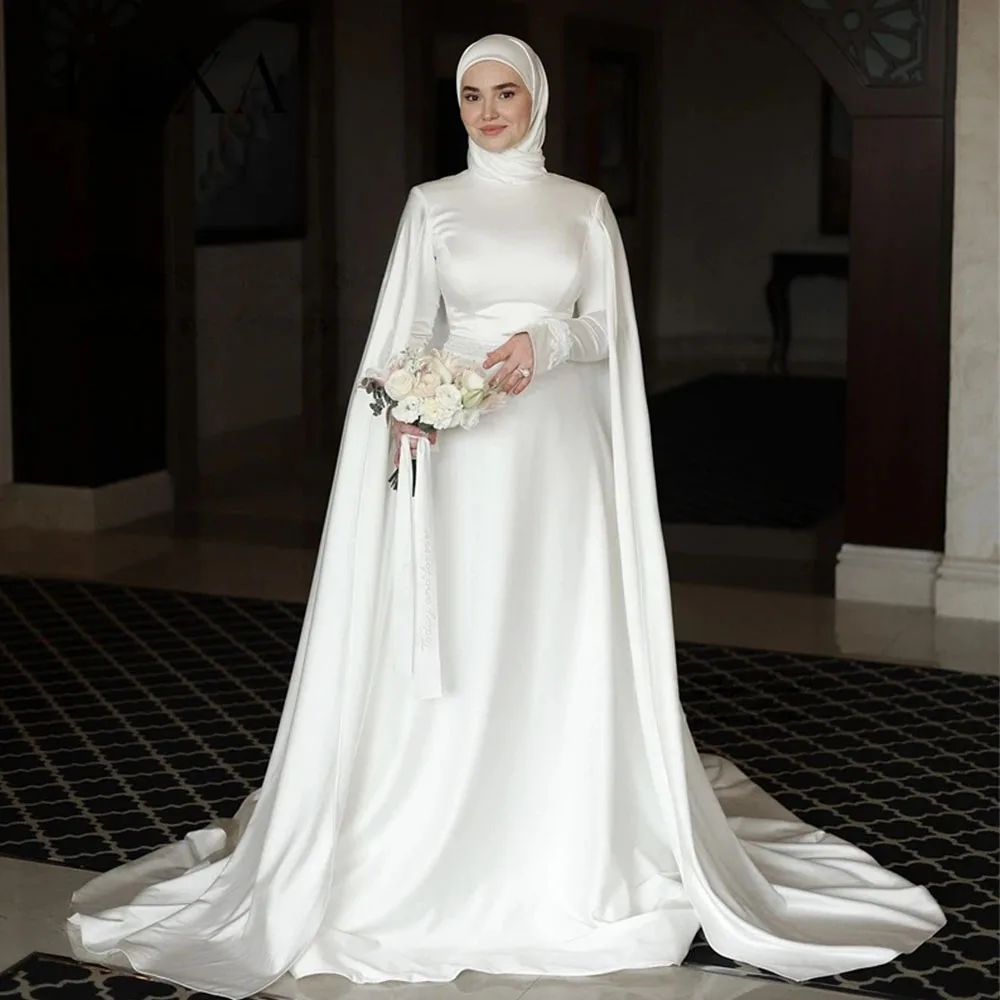 KUXA Muslim Brautkleider High Neck Satin Perlen Braut Kleid Lange Ärmel Arabisch Brautkleider Angepasst Vestido De Noiva
