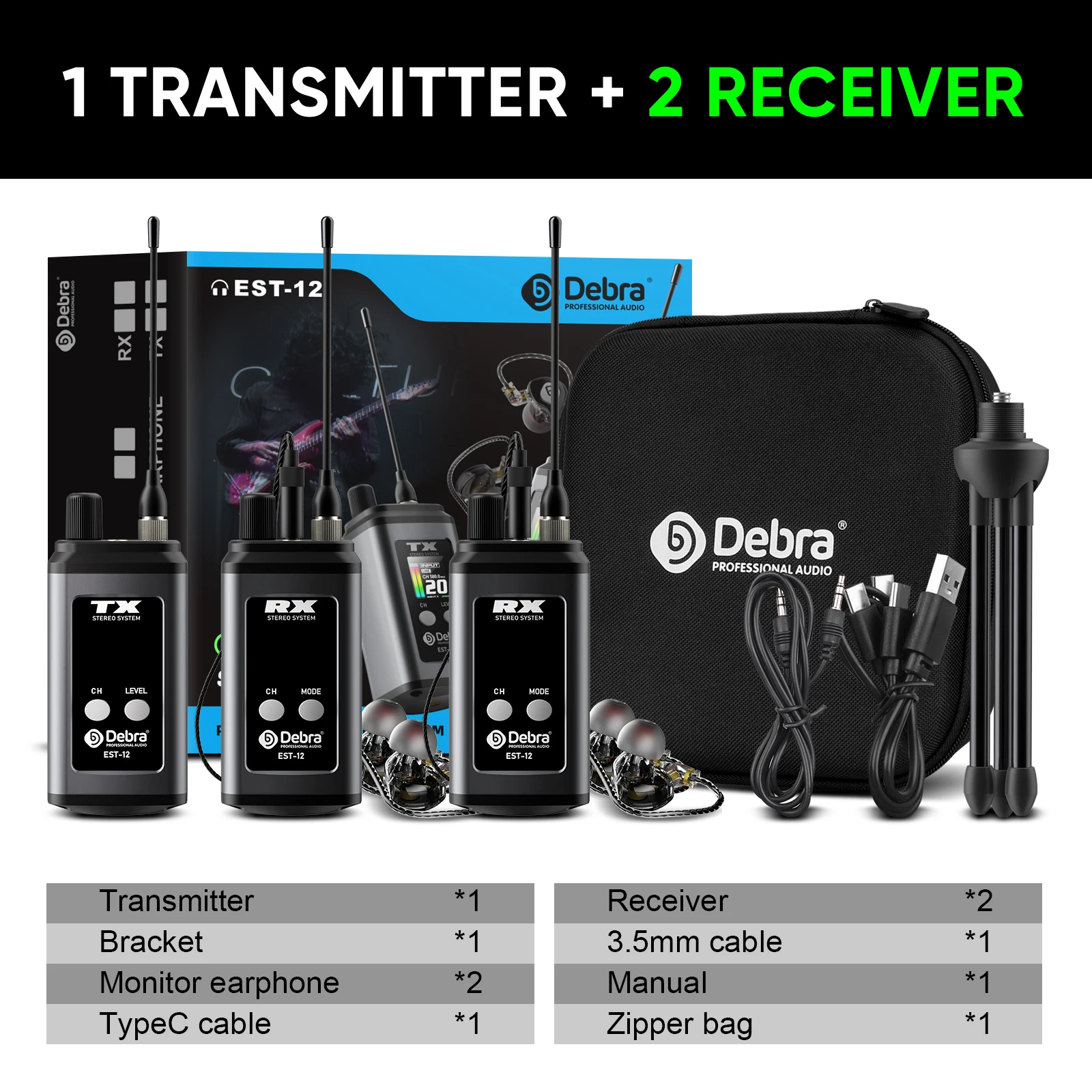 Debra Stereo EST-12 Kabelloses In-Ear-Monitor-System, UHF 560-590MHz, Zweikanal-IEM-System, 80m Reichweite, Wiederaufladbar für Performer – Detail 14