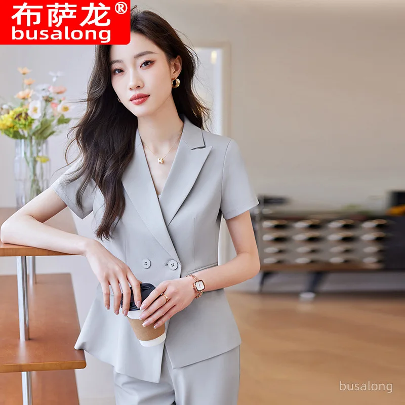 Summer Style Elegant Commuting Solid Color Short Sleeve Fashionable Elegant Gray Suit Elegant Youthful Pants Set Small Suit Set