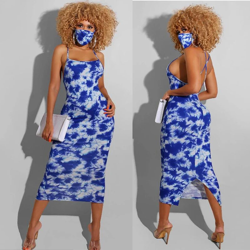 Blue Tie Dye Print Dress Sexy Cross Strap Dress With Mask Summer 2024 Long Dress