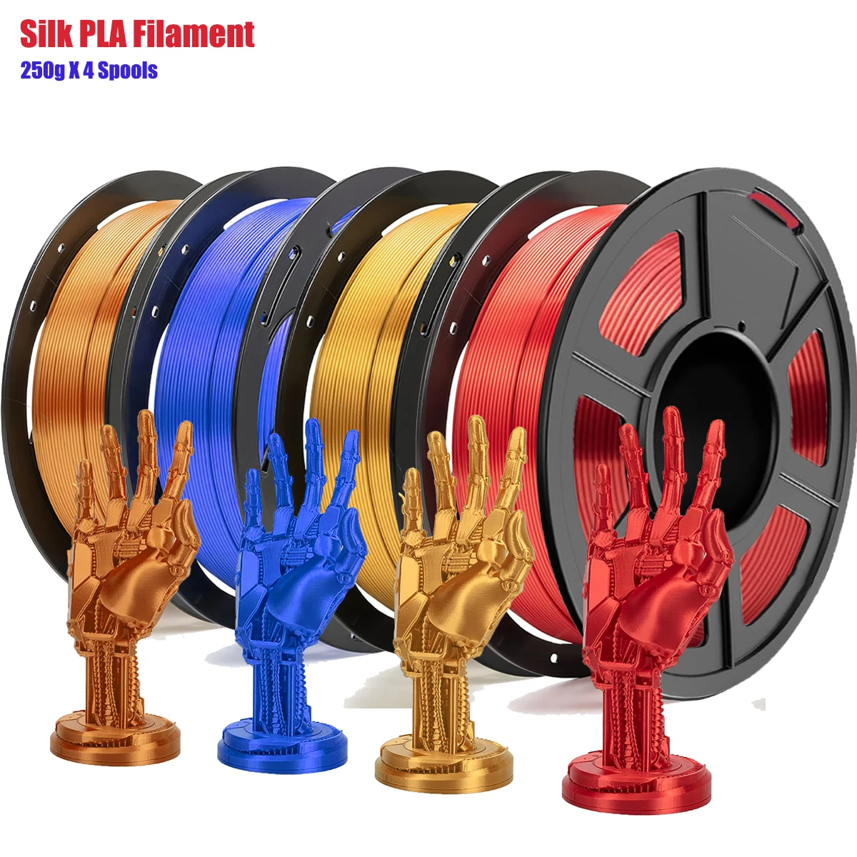 3D Printer Filament Bundle Silk PLA Filament 1.75mm Pack Fit Most FDM Printers, 250g X 4 Spools, Totally 1KG