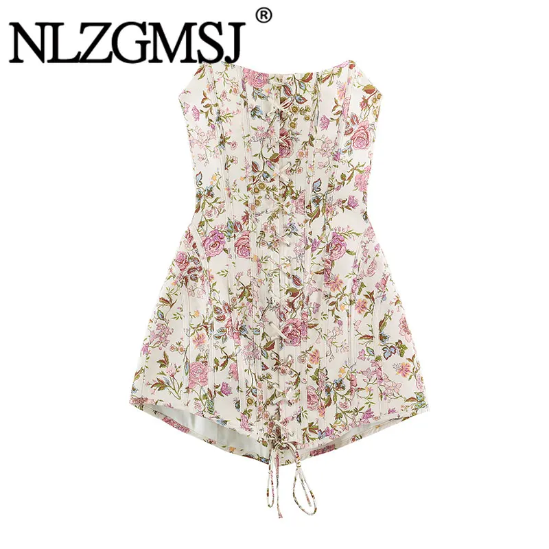 NLZGMSJ 2026 Summer Women Casual Chic Printed Tube Lace Up Dress New Vestidos Fashion Party Mini Dress