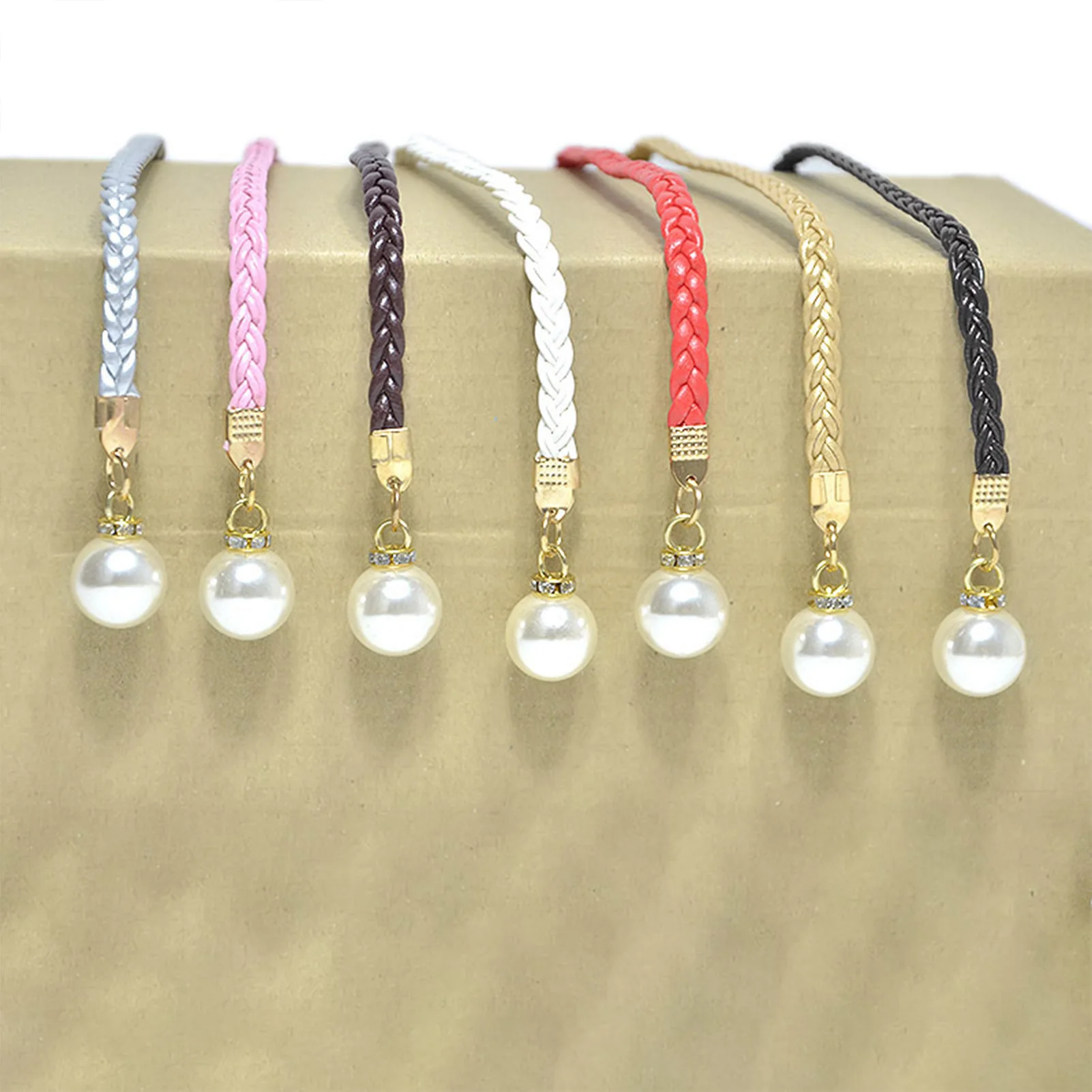 Women Belt Casual Pearl Buckle Decor Woven Thin Waist Rope with Dress 140cm Fashion Accessories for Ladies