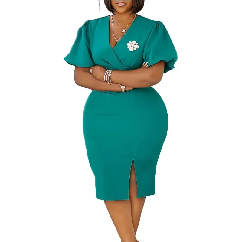 

C8633 African Women's Fashionable Summer V-neck Sleeveless Dress Open Slit Wrap around Skirt Short Lantern Sleeve Long Dress