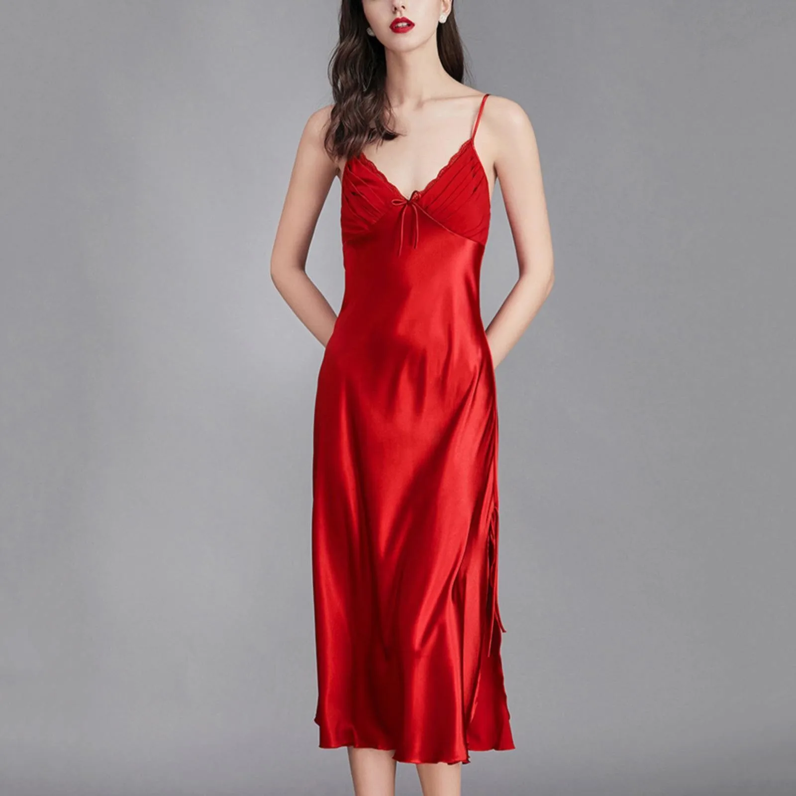 Nightgowns For Women Sexy Red V Neck Suspender Gowns Satin Silk Chemise Lingerie Slip Dress Comfortable Nightwear Sleep Dress