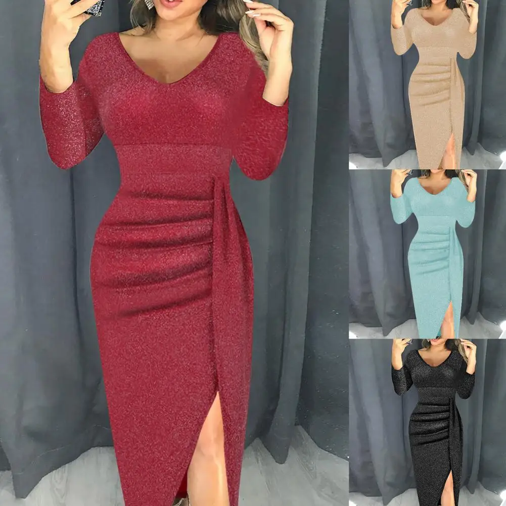 Skinny Ladies Dress Solid Color Shirring Sexy Women Sheath Dress for Party