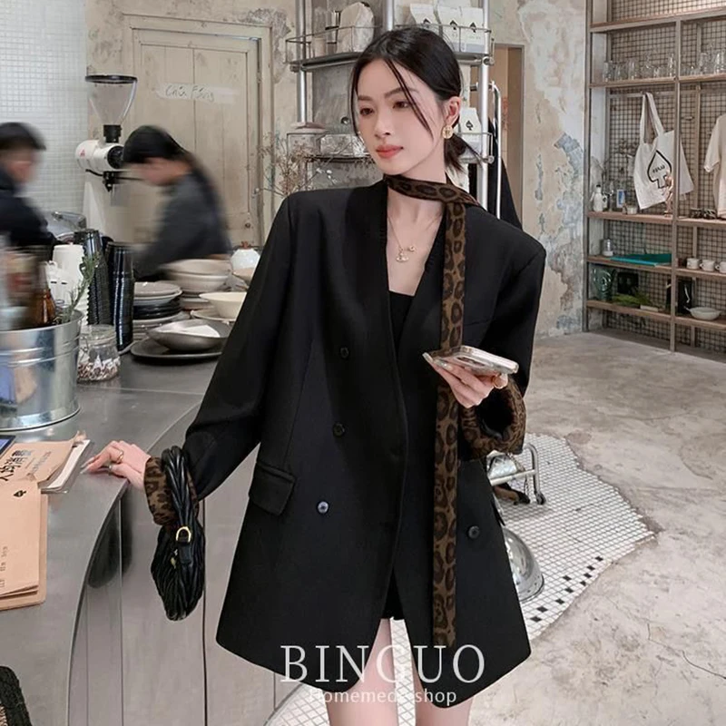 Luipaardprint Tie Neck Blazer Dames Zwart Los Casual Patchwork Jas Lange Mouw Koreaanse Single Breasted Office Lady Jas