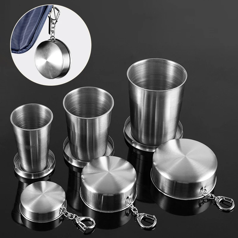 Portable Outdoor Travel Folding Cup Keychain Telescopic Mug Stainless Steel Collapsible Cup Keyring Water Drinking Coffee Cups