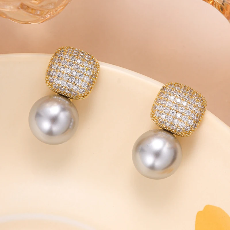 Brincos de pérolas metálicas vintage para mulheres, elegantes brincos quadrados cristal, joias para festa de casamento, nova moda