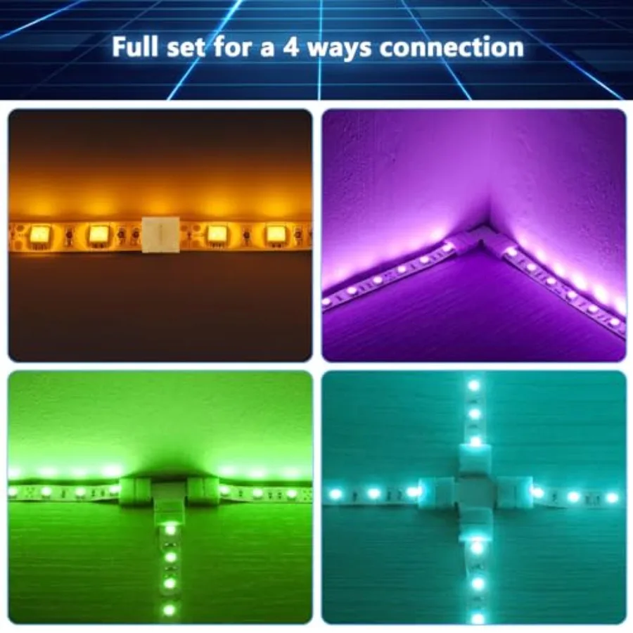 4-Pin 10mm RGB LED Light Strip Connectors, 100 Pieces Solderless and Gapless Adapter Terminal, Incl. Screw Clips, Cuttable T, L