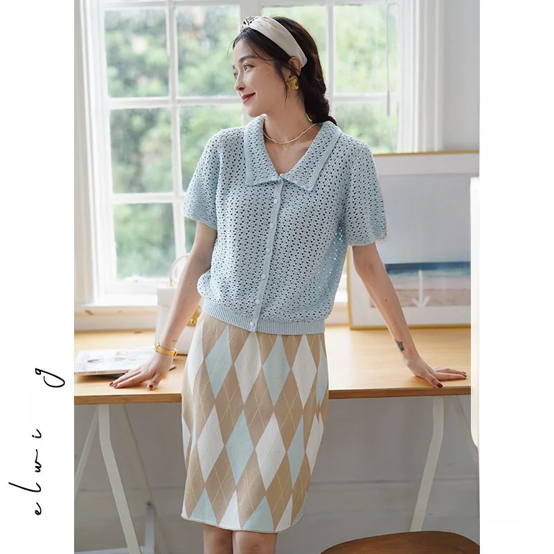 

Elwing Original Knitted Hollow out Hook Flower Design Short Sleeve Collar Single Button Women's Summer New Style Cardigan