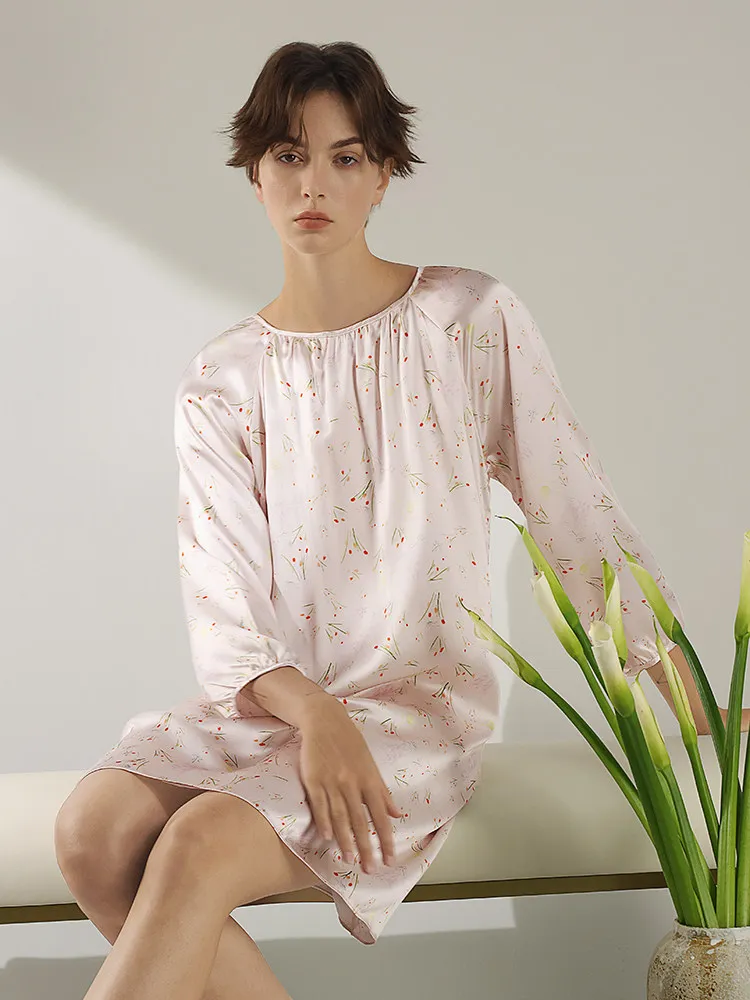 100% Mulberry Silk Long Sleeve Sleepshirt Nightdress Summer Floral Lingerie Women's Elegant Nightdress Casual Pajama Home Dress