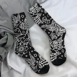 American Traditional Flash Print Tattoo Socks Black and White Leisure Stockings Winter Anti Skid Women Men Socks Running Socks