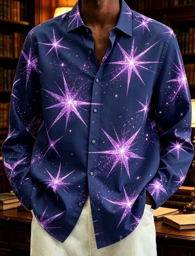 

Men's geometric and natural element printed long sleeved shirt, suitable for daily wear, activities, and fashionable styles
