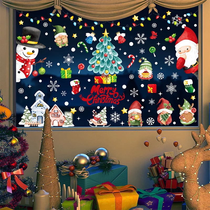 1 Set/ 9 Sheets Merry Christmas Window Clings for Glass Santa Claus Snowman Colorful Stickers Reusable PVC Decals Party Decora