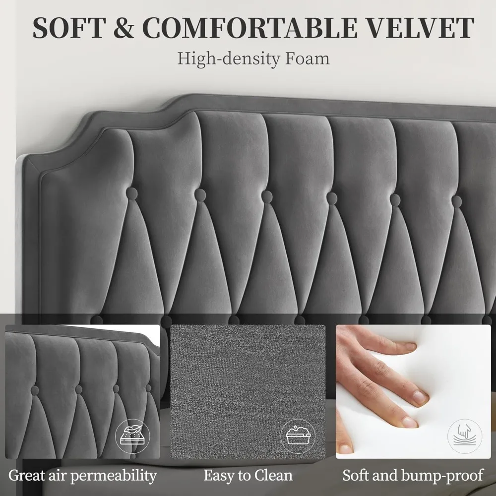 Cama con plataforma cubierta de terciopelo con cabecero curvo: estructura de cama de madera ajustable en altura y silenciosa